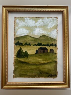 Original Framed Countryside Landscape Watercolor Painting